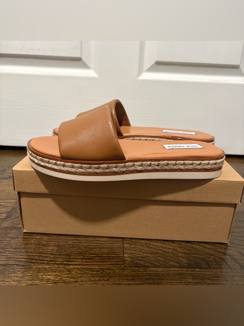 Steve Madden Tan Leather Espadrille Slide Sandals - Picture 2 of 8